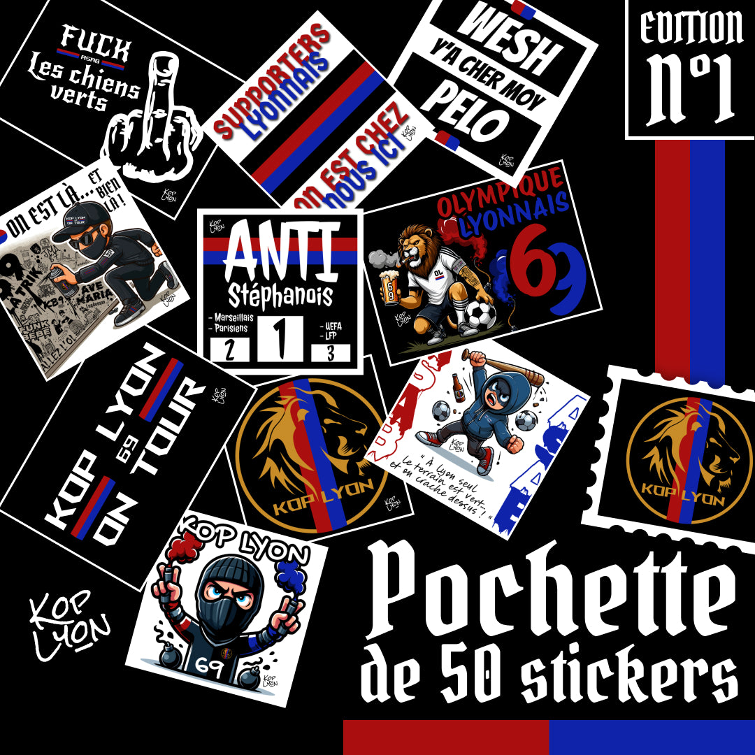 Pochette stickers collector Édition 1 Kop Lyon, lot de 50 designs supporters lyonnais