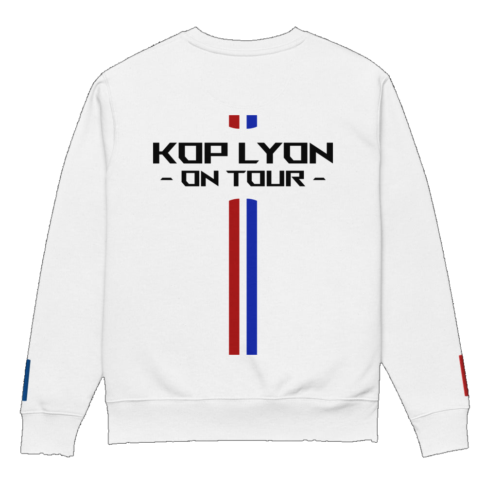 Pull brodé Kop Lyon On Tour blanc, vue de dos avec inscription On Tour