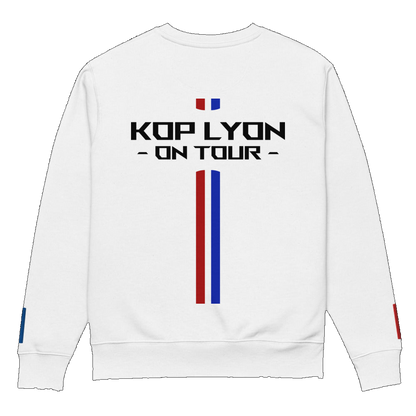Pull brodé Kop Lyon On Tour blanc, vue de dos avec inscription On Tour