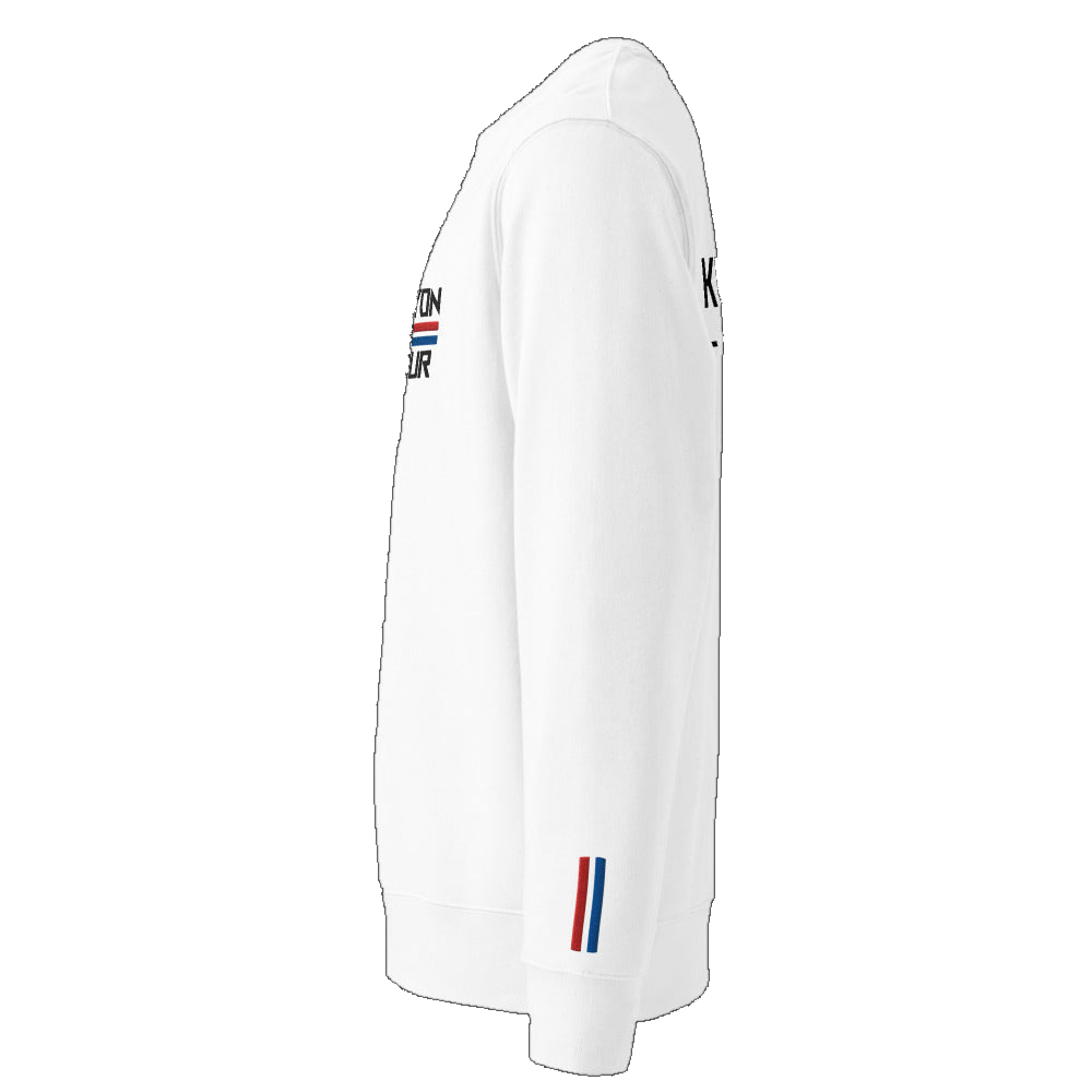 Pull brodé Kop Lyon On Tour blanc, détail bandes rouge et bleu sur les manches