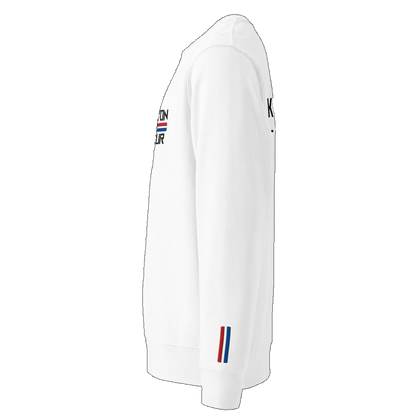 Pull brodé Kop Lyon On Tour blanc, détail bandes rouge et bleu sur les manches